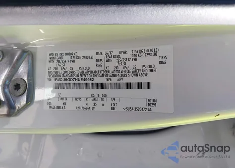 2017 Ford Escape Se z USA, uszkodzony, nr VIN 1FMCU9GD7HUE49982